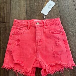 High-Rise  hot Coral Pink Distressed Denim Shorts
